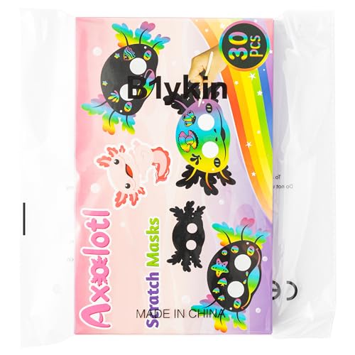 B1ykin 30-Piece Axolotl Scratch Mask Set – DIY Craft Kit for Kids with Wooden Sticks and Elastic Bands