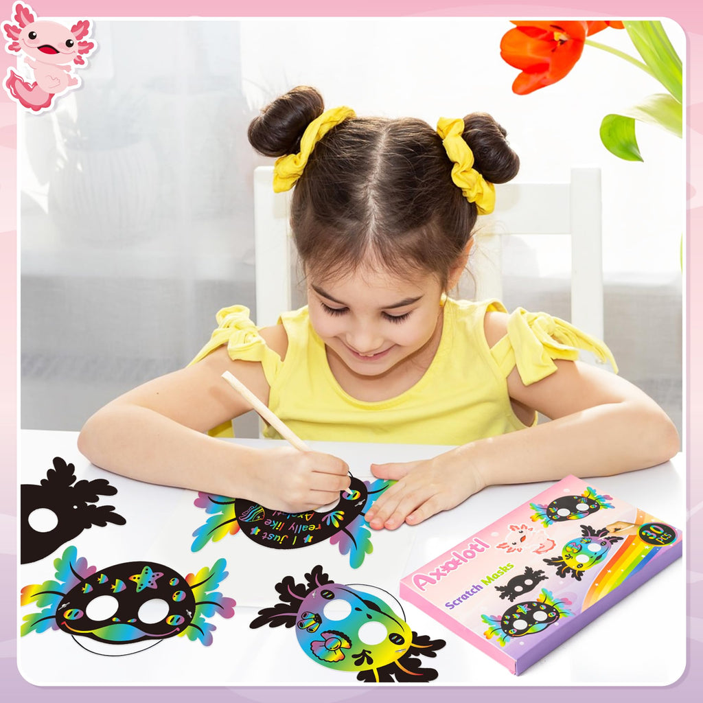 B1ykin 30-Piece Axolotl Scratch Mask Set – DIY Craft Kit for Kids with Wooden Sticks and Elastic Bands