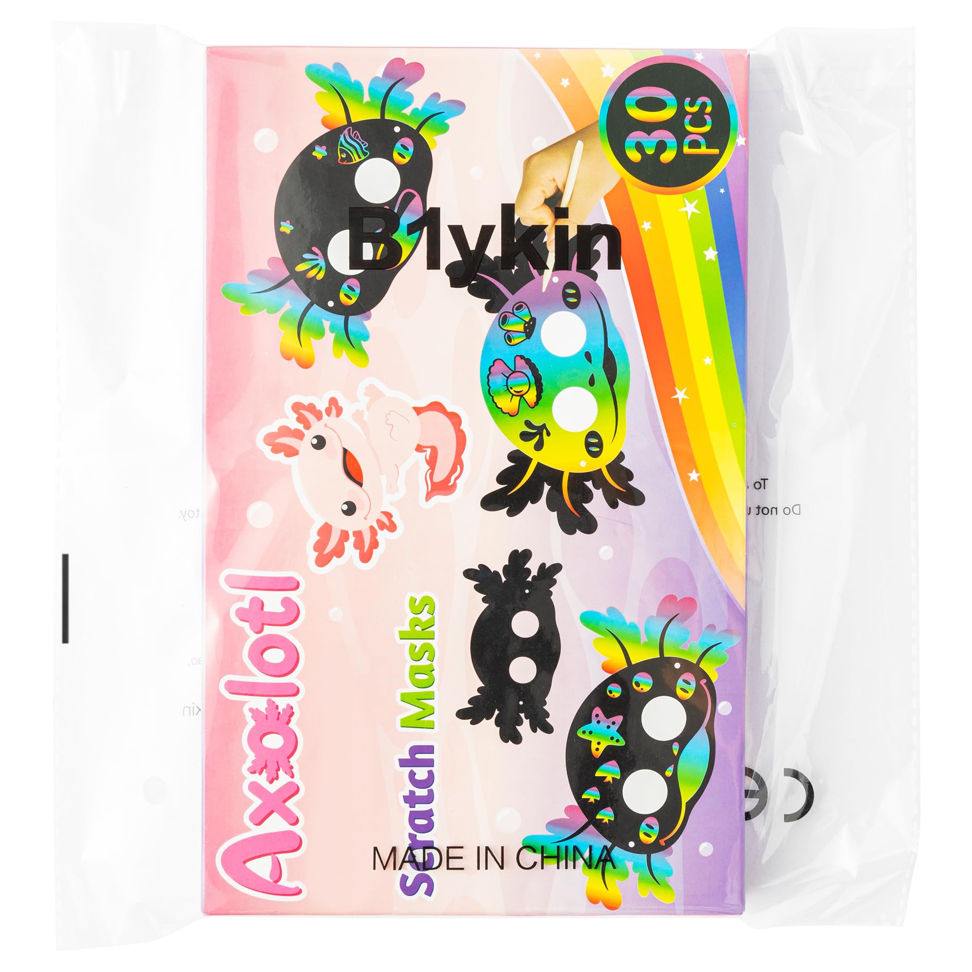 B1ykin 30-Piece Axolotl Scratch Mask Set – DIY Craft Kit for Kids with Wooden Sticks and Elastic Bands
