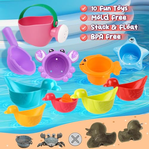 Babelshar 10-Piece Bath Toys for Toddlers 1-3 – Floating Ducks, Stacking Cups & Pouring Water Play