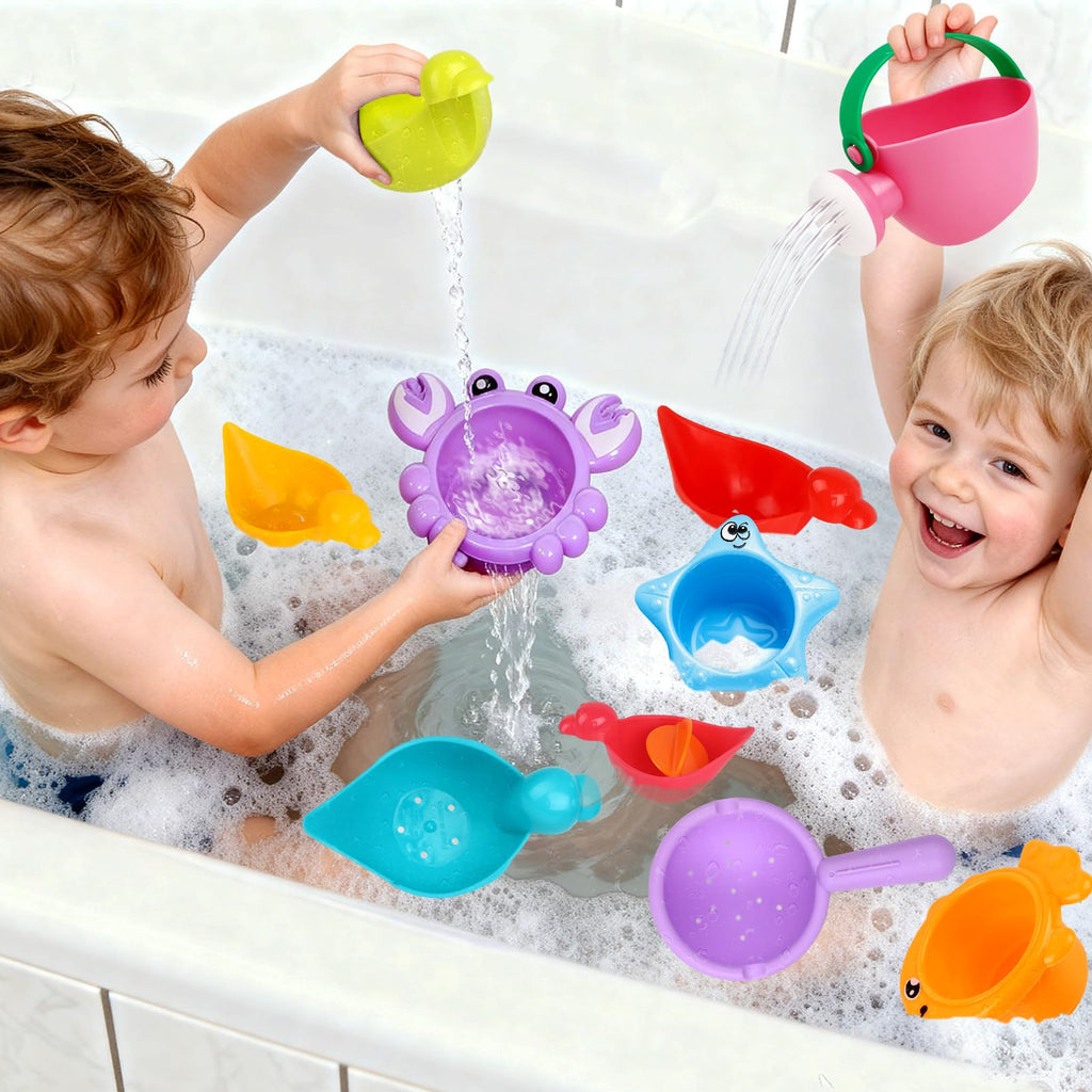 Babelshar 10-Piece Bath Toys for Toddlers 1-3 – Floating Ducks, Stacking Cups & Pouring Water Play