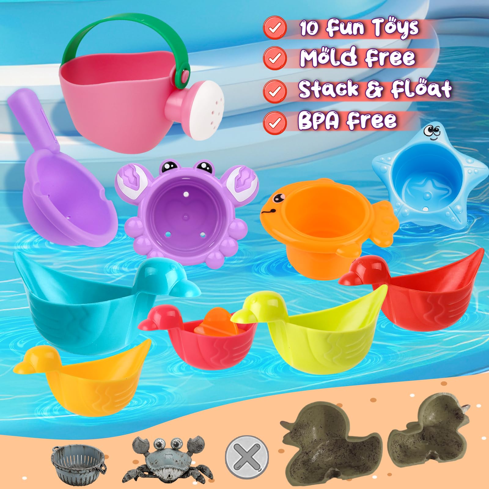 Babelshar 10-Piece Bath Toys for Toddlers 1-3 – Floating Ducks, Stacking Cups & Pouring Water Play