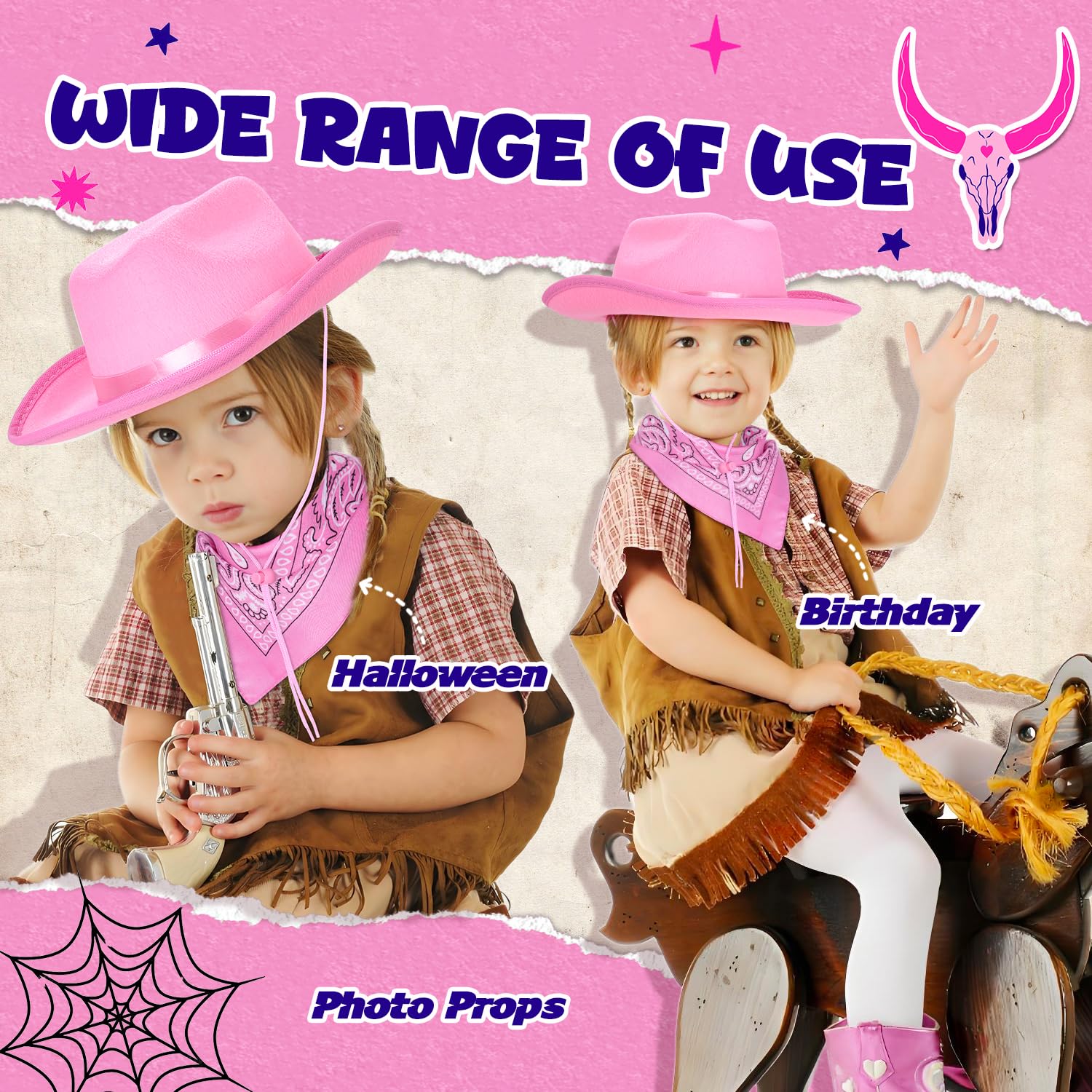 Babelshar Pink Cowboy Hat and Bandana Set for Toddlers – Felt Cowgirl Costume Accessory for Ages 3-8