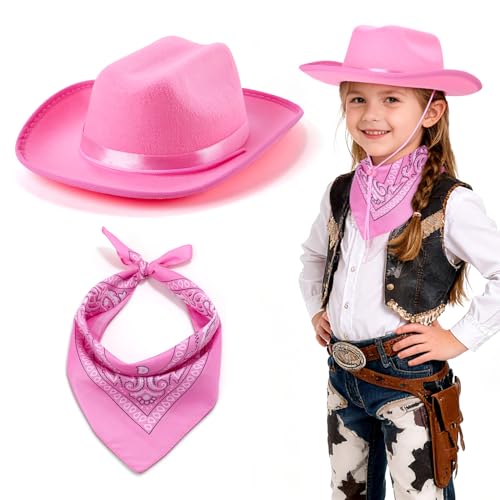 Babelshar Pink Cowboy Hat and Bandana Set for Toddlers – Felt Cowgirl Costume Accessory for Ages 3-8