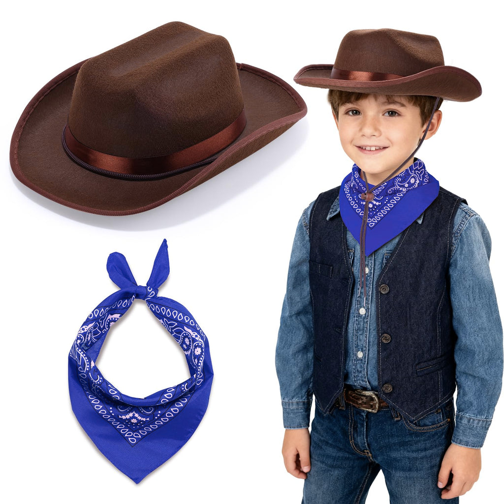 Babelshar Toddler Cowboy Hat and Bandana Set – Felt Western Hat for Kids 3-8, Adjustable Brown Cowboy Hat with Blue Bandana for Halloween and Dress-Up