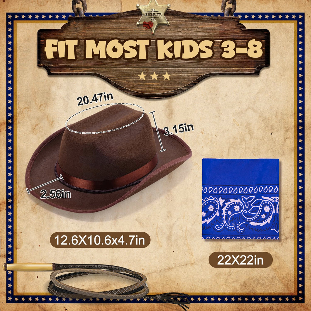 Babelshar Toddler Cowboy Hat and Bandana Set – Felt Western Hat for Kids 3-8, Adjustable Brown Cowboy Hat with Blue Bandana for Halloween and Dress-Up