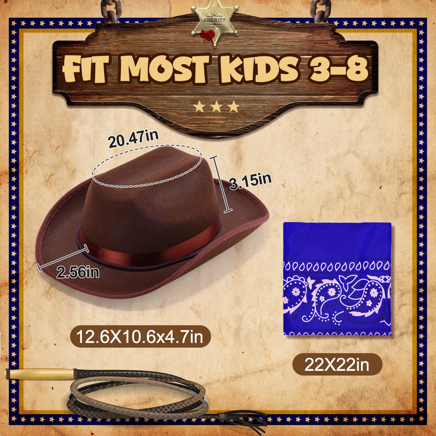 Babelshar Toddler Cowboy Hat and Bandana Set – Felt Western Hat for Kids 3-8, Adjustable Brown Cowboy Hat with Blue Bandana for Halloween and Dress-Up