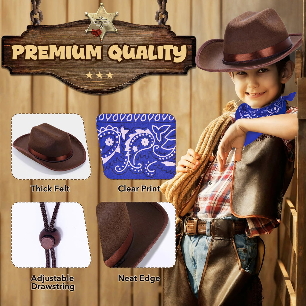 Babelshar Toddler Cowboy Hat and Bandana Set – Felt Western Hat for Kids 3-8, Adjustable Brown Cowboy Hat with Blue Bandana for Halloween and Dress-Up