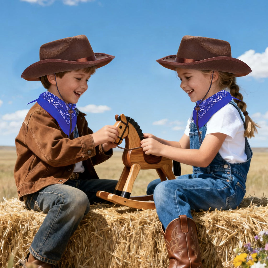 Babelshar Toddler Cowboy Hat and Bandana Set – Felt Western Hat for Kids 3-8, Adjustable Brown Cowboy Hat with Blue Bandana for Halloween and Dress-Up