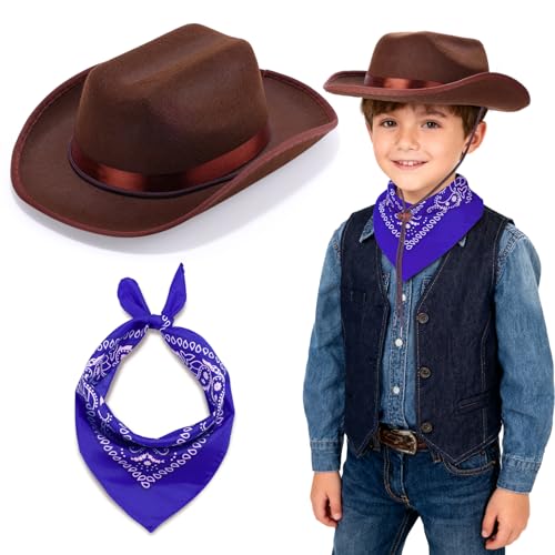 Babelshar Toddler Cowboy Hat and Bandana Set – Felt Western Hat for Kids 3-8, Adjustable Brown Cowboy Hat with Blue Bandana for Halloween and Dress-Up