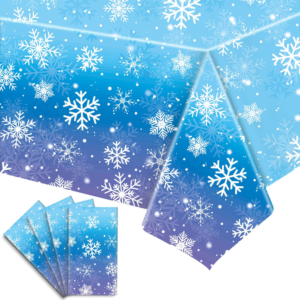 Babudeer 4-Pack Plastic Snowflake Tablecloths – 54x108 Inch Disposable Gradient Blue & Purple for Frozen Birthday, Winter Wonderland, Christmas Party Decorations