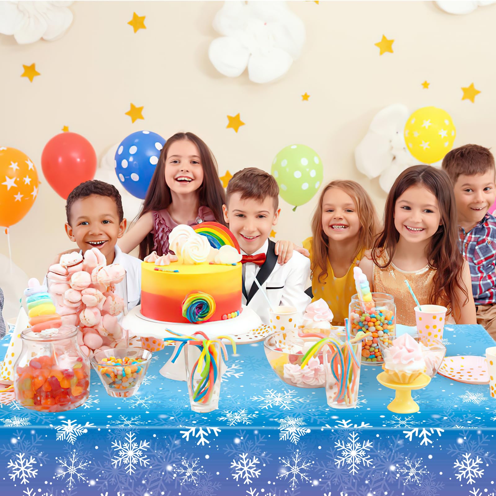 Babudeer 4-Pack Plastic Snowflake Tablecloths – 54x108 Inch Disposable Gradient Blue & Purple for Frozen Birthday, Winter Wonderland, Christmas Party Decorations