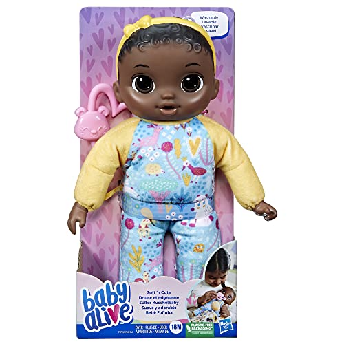 Baby Alive Soft ‘n Cute 11-Inch Doll with Black Hair, Animal Onesie & Teether – Machine Washable Toddler Toy for Ages 18+ Months
