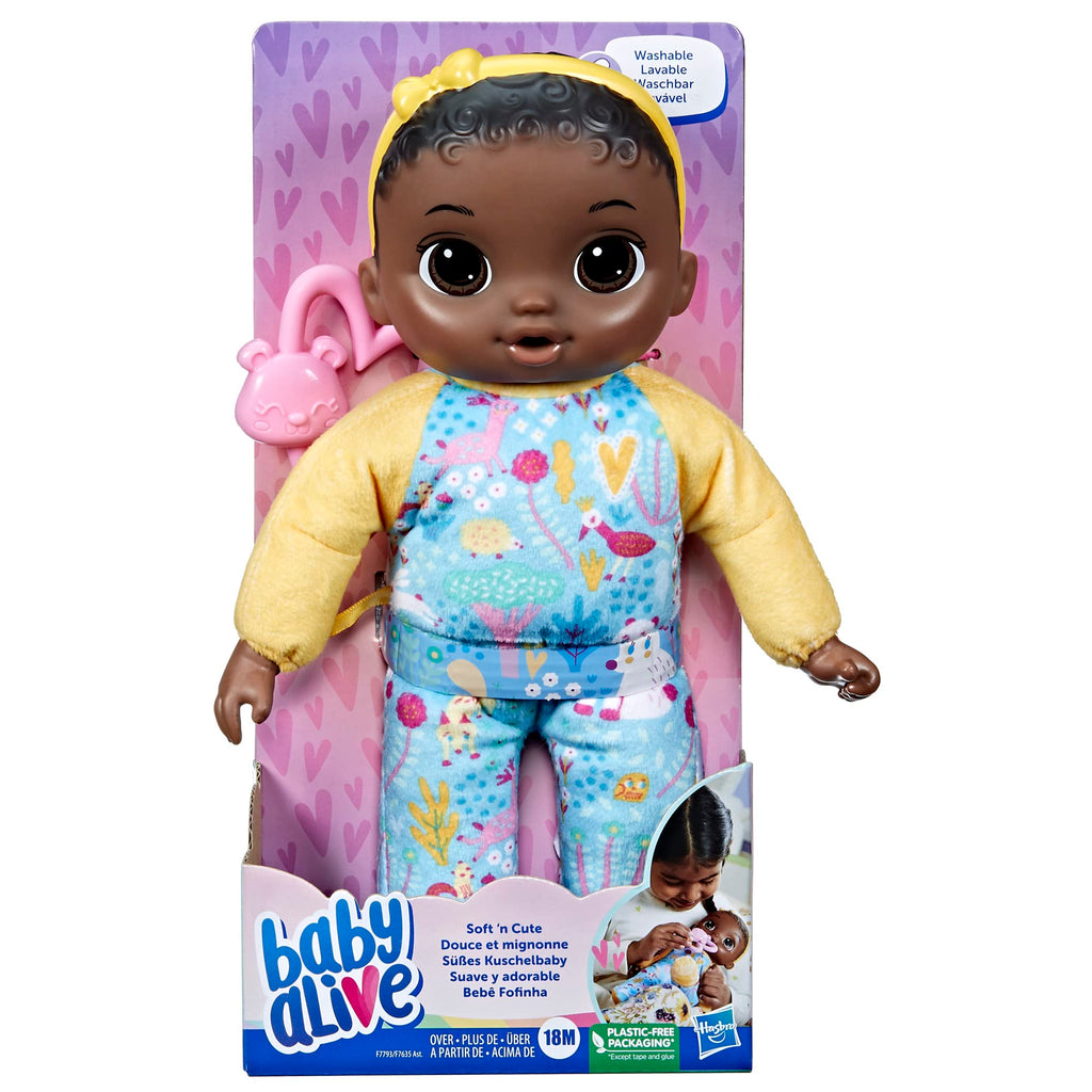 Baby Alive Soft ‘n Cute 11-Inch Doll with Black Hair, Animal Onesie & Teether – Machine Washable Toddler Toy for Ages 18+ Months