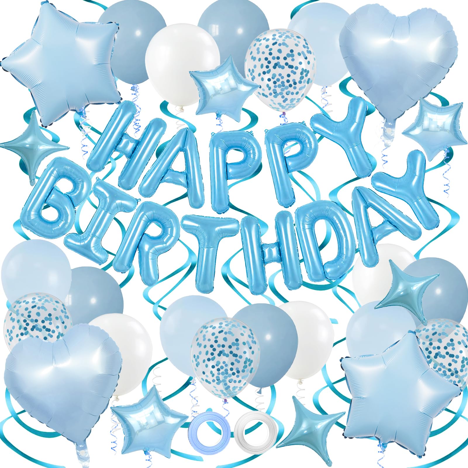 Baby Blue Birthday Party Decorations Set - Foil Happy Birthday Banner, Star & Heart Balloons, Hanging Swirls