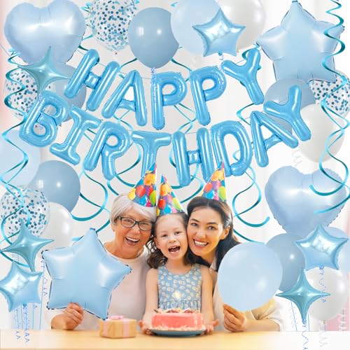 Baby Blue Birthday Party Decorations Set - Foil Happy Birthday Banner, Star & Heart Balloons, Hanging Swirls