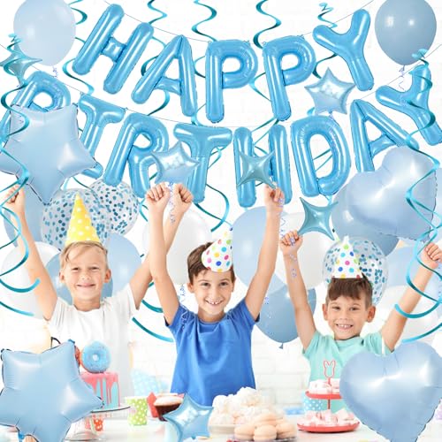 Baby Blue Birthday Party Decorations Set - Foil Happy Birthday Banner, Star & Heart Balloons, Hanging Swirls