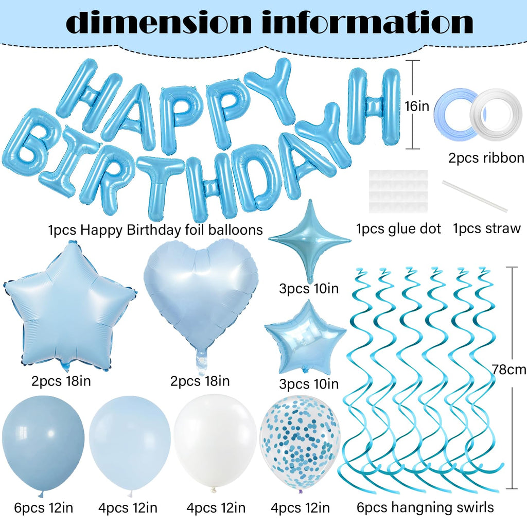 Baby Blue Birthday Party Decorations Set - Foil Happy Birthday Banner, Star & Heart Balloons, Hanging Swirls
