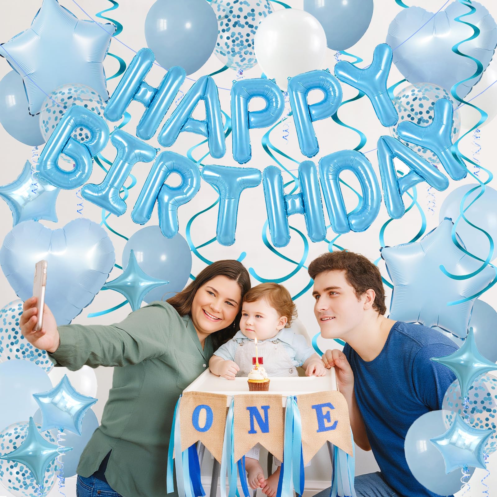 Baby Blue Birthday Party Decorations Set - Foil Happy Birthday Banner, Star & Heart Balloons, Hanging Swirls