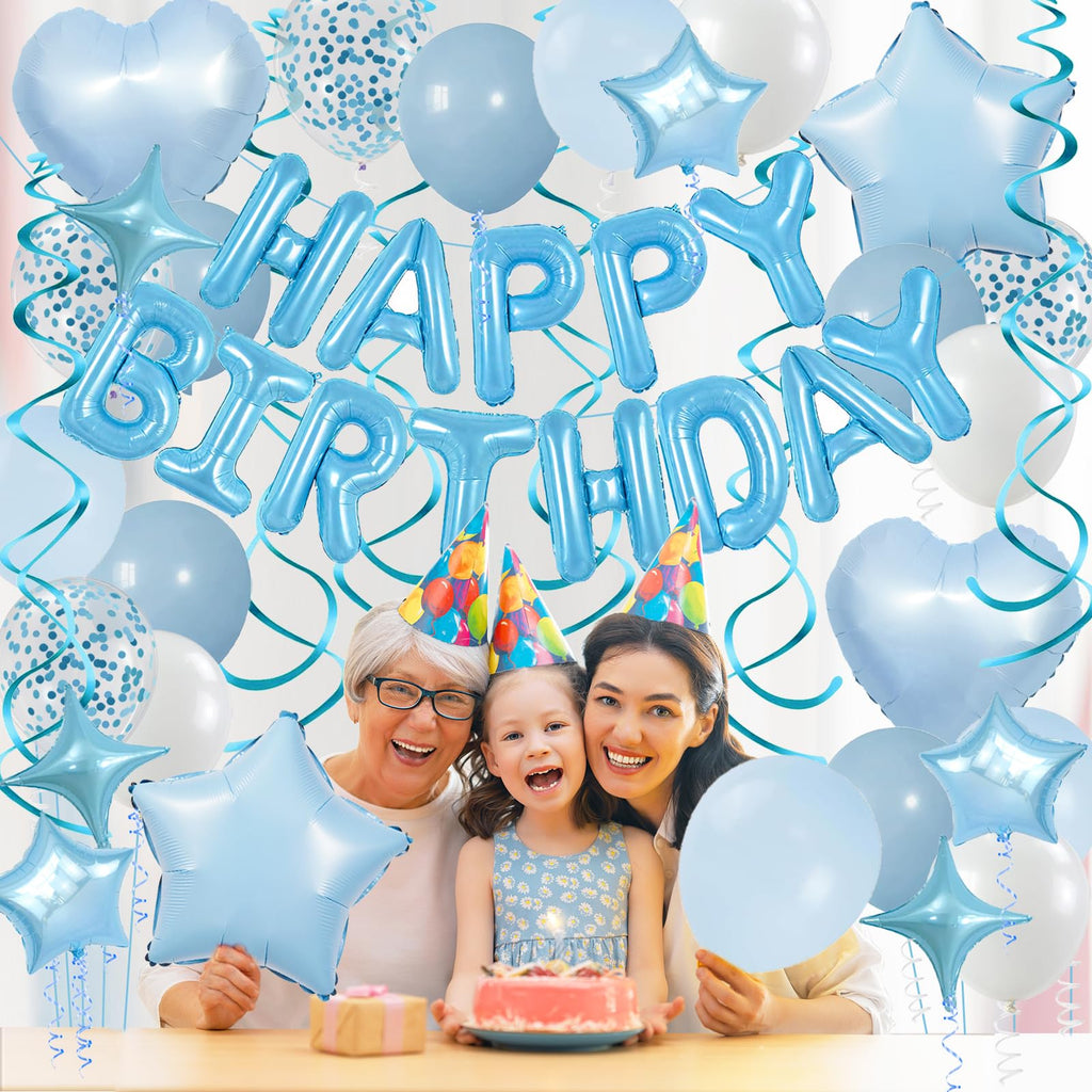 Baby Blue Birthday Party Decorations Set - Foil Happy Birthday Banner, Star & Heart Balloons, Hanging Swirls