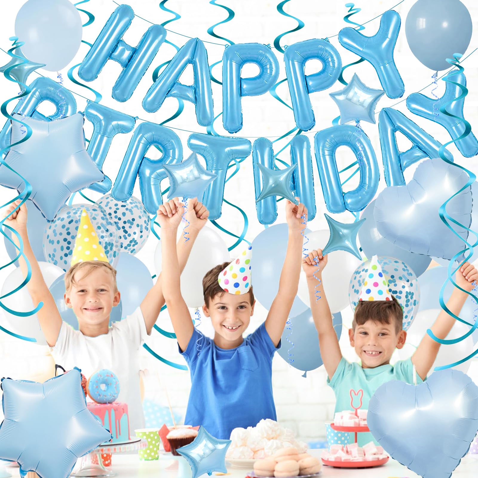 Baby Blue Birthday Party Decorations Set - Foil Happy Birthday Banner, Star & Heart Balloons, Hanging Swirls