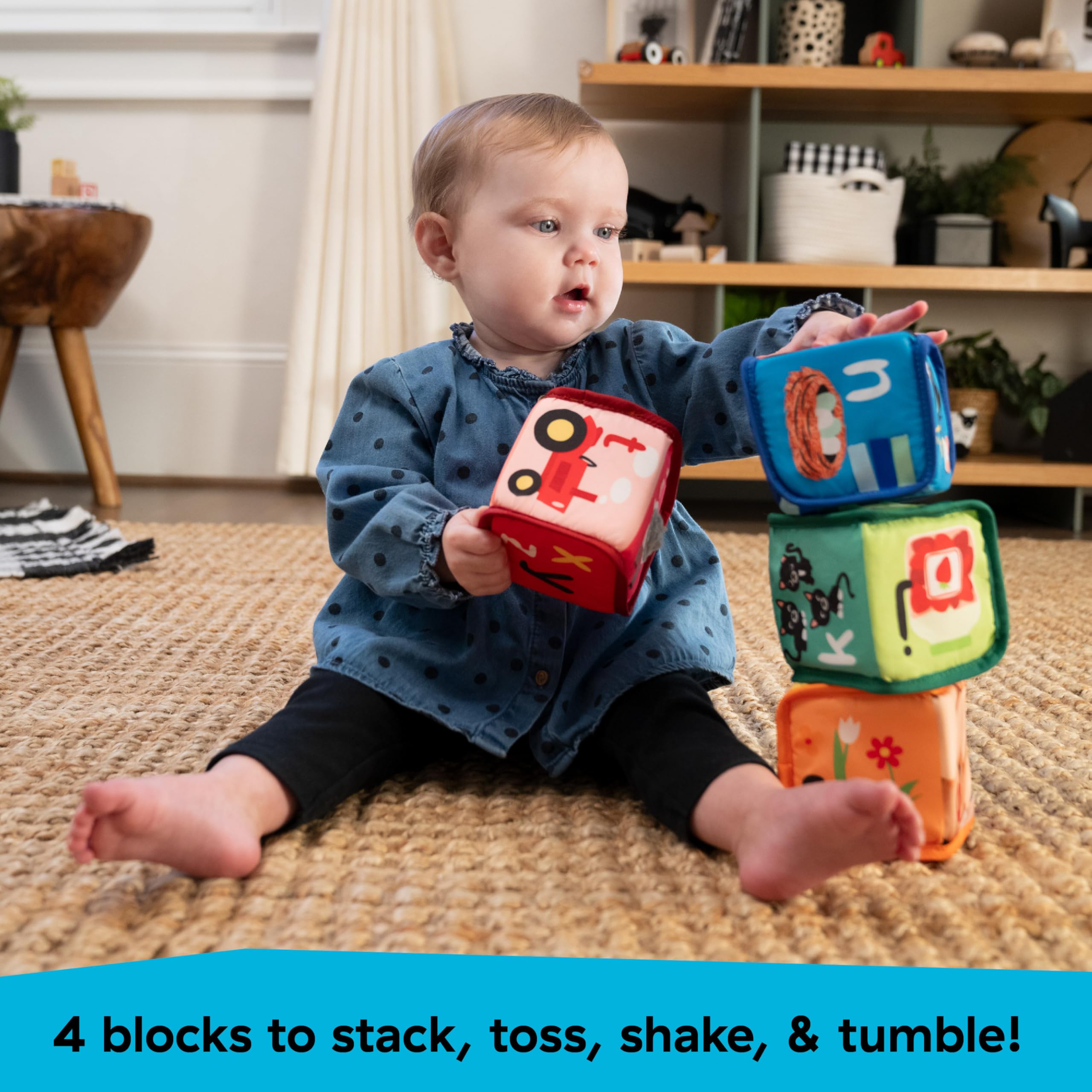 Baby Einstein Alpha Stacks Soft Blocks: 4-Piece Stacking Toy Set with Letters, Animals, and Sensory Sounds