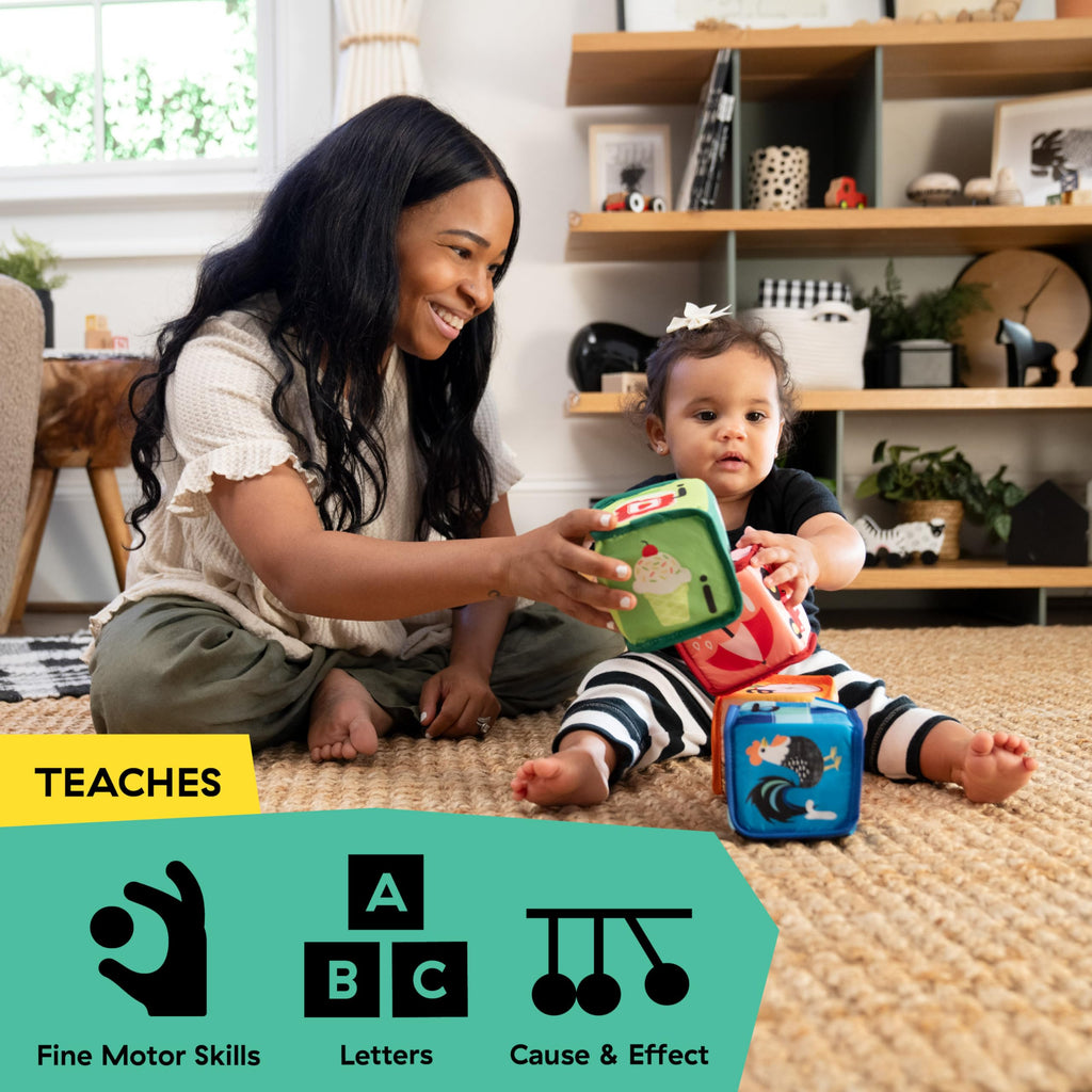 Baby Einstein Alpha Stacks Soft Blocks: 4-Piece Stacking Toy Set with Letters, Animals, and Sensory Sounds