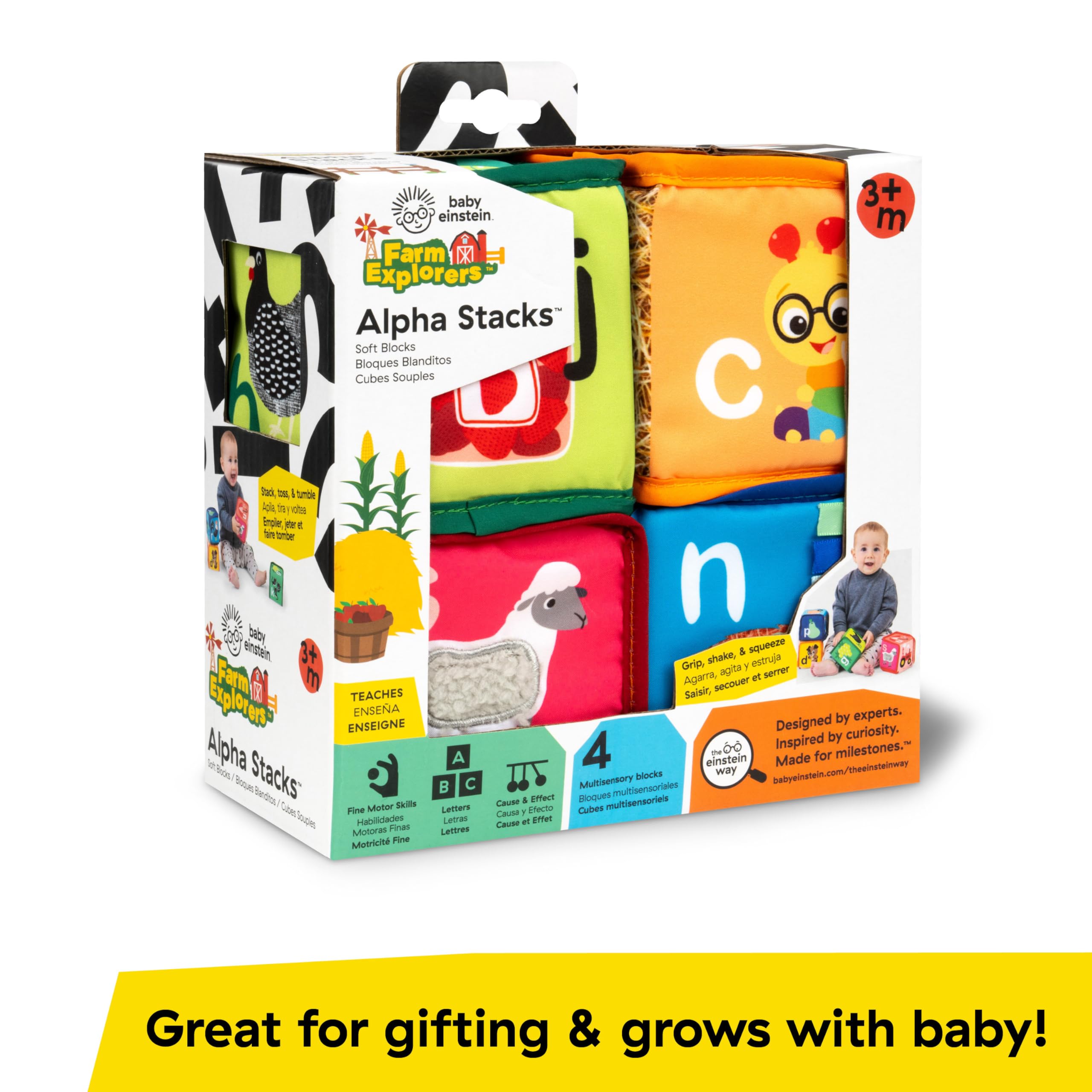 Baby Einstein Alpha Stacks Soft Blocks: 4-Piece Stacking Toy Set with Letters, Animals, and Sensory Sounds