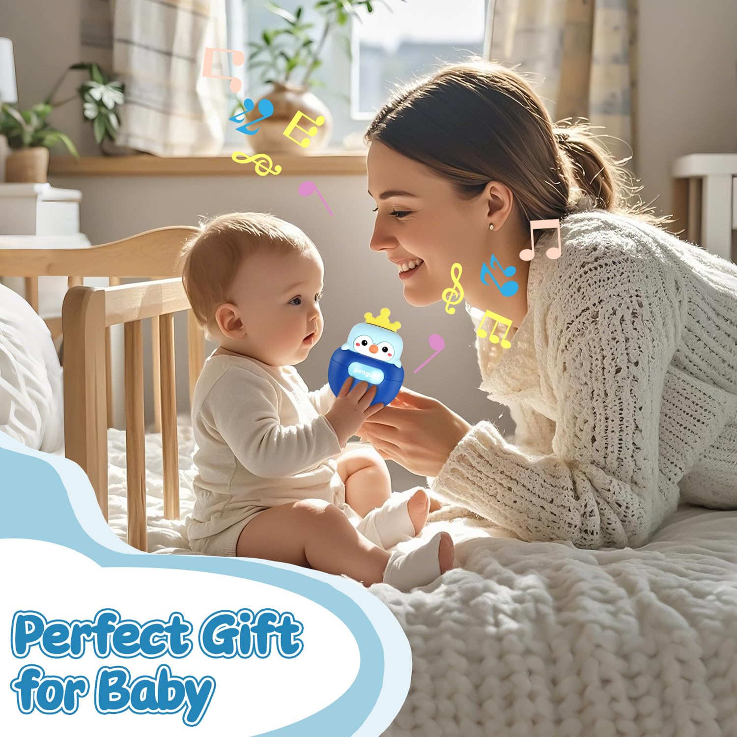 Baby Penguin Wobble Toy – Musical Roly-Poly Tumbler with BPA-Free Teether for 3-12 Month Infants