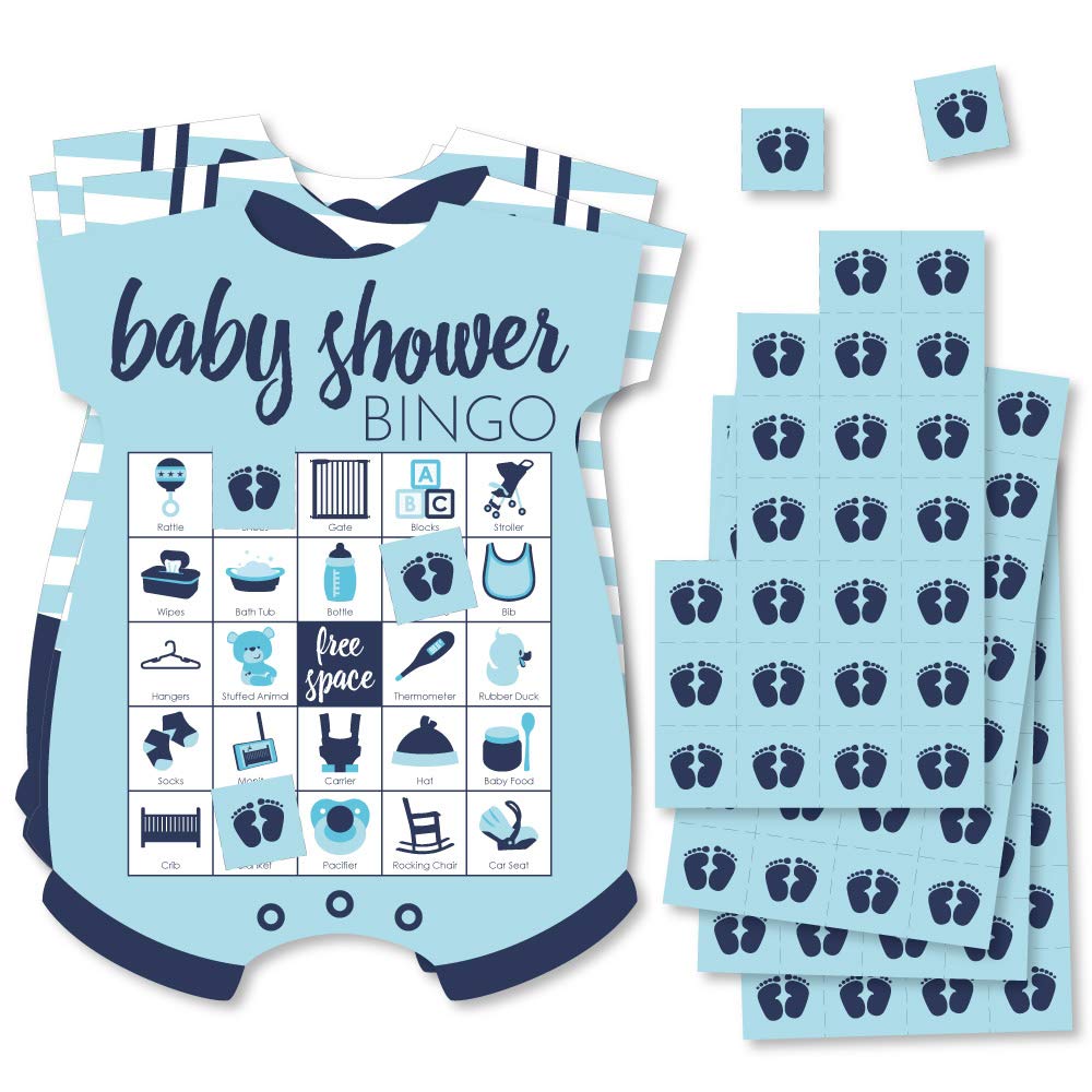 Baby Shower Bingo Game: 18 Blue Bodysuit-Shaped Cards with Markers - Big Dot of Happiness