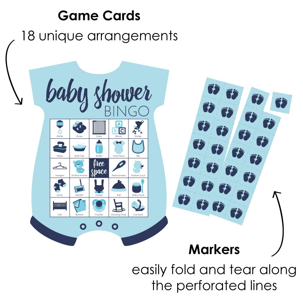 Baby Shower Bingo Game: 18 Blue Bodysuit-Shaped Cards with Markers - Big Dot of Happiness
