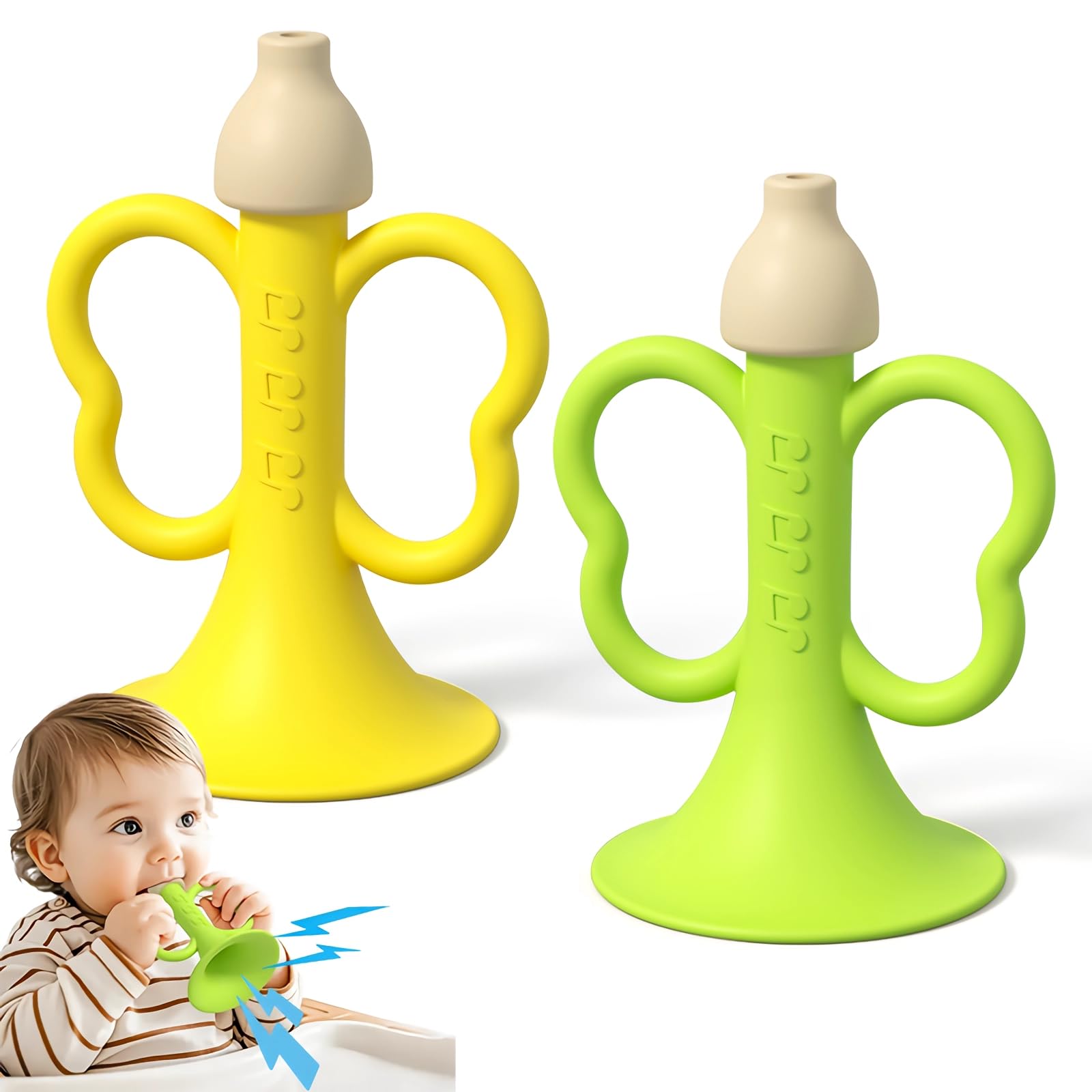 Baby Trumpet Toy 6-12 Months – Silicone Baby Horn Blowing Toy with 2 Pieces Yellow & Green, Easy Grip Toddler Whistle for Teething and Sensory Play, Newborn Gift