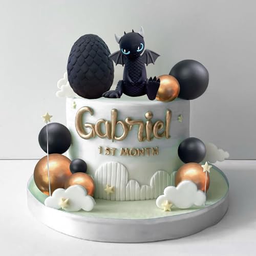 BACH AND BOOZY Black Dragon Cake Topper with Dragon Eggs and Gold Black Balls – Fantasy Party Cake Decor