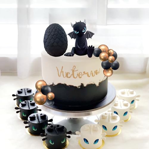 BACH AND BOOZY Black Dragon Cake Topper with Dragon Eggs and Gold Black Balls – Fantasy Party Cake Decor