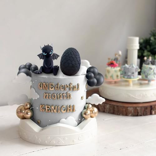 BACH AND BOOZY Black Dragon Cake Topper with Dragon Eggs and Gold Black Balls – Fantasy Party Cake Decor