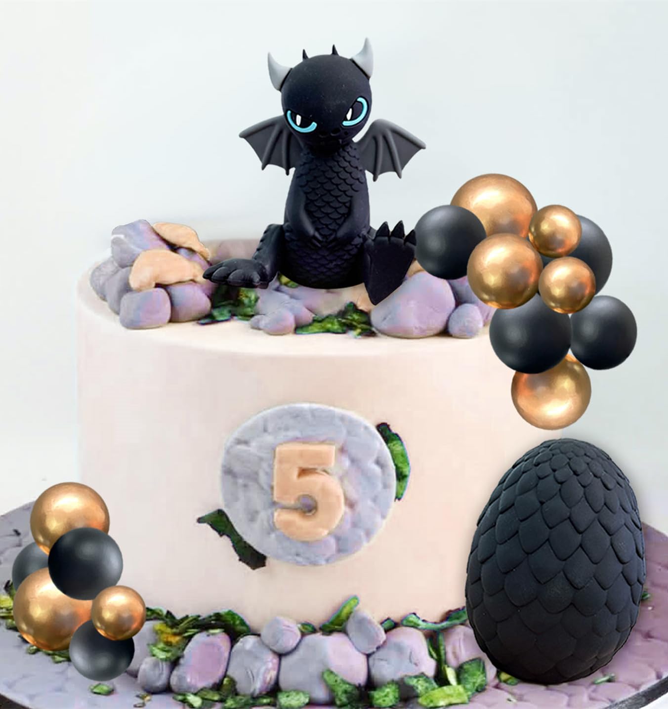 BACH AND BOOZY Black Dragon Cake Topper with Dragon Eggs and Gold Black Balls – Fantasy Party Cake Decor