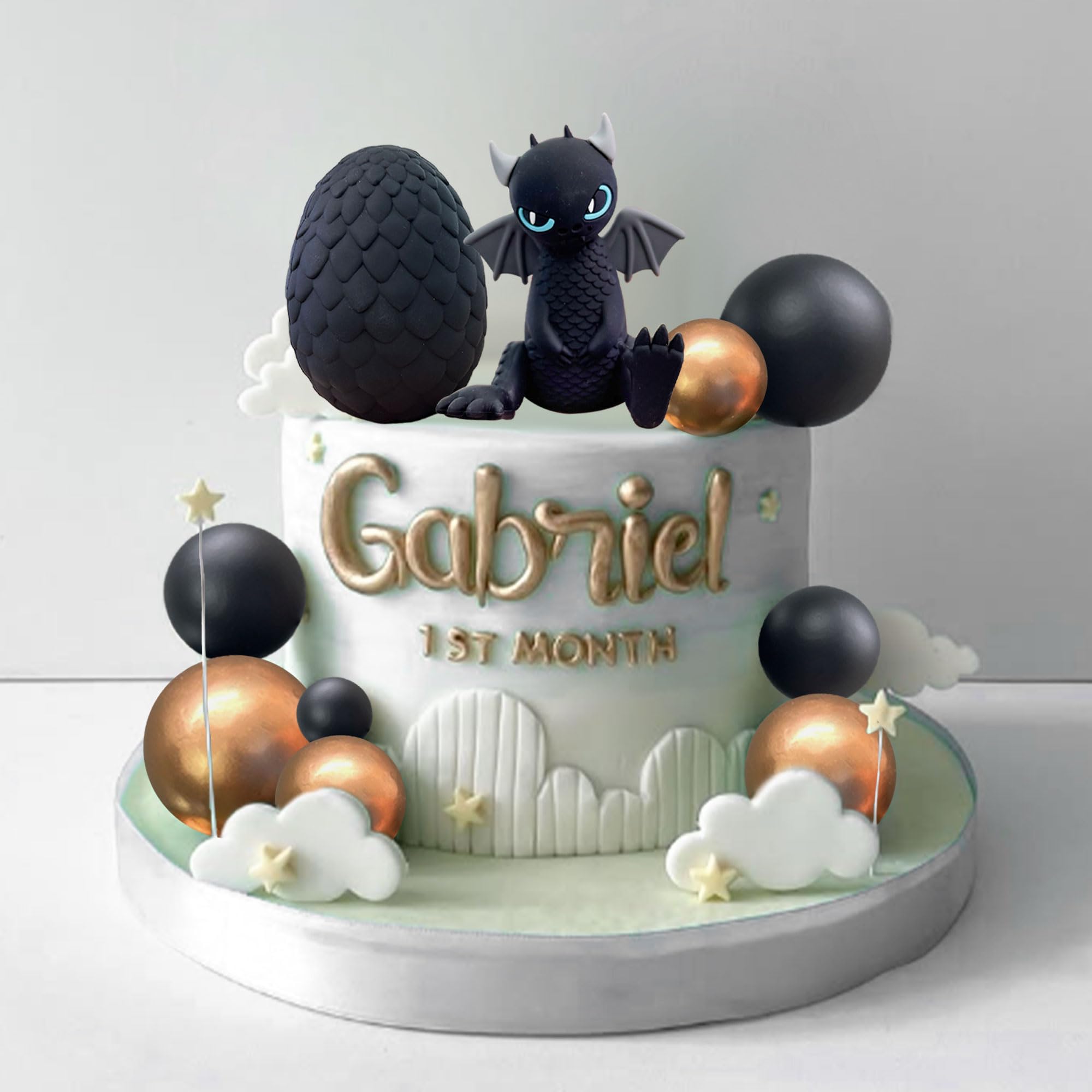 BACH AND BOOZY Black Dragon Cake Topper with Dragon Eggs and Gold Black Balls – Fantasy Party Cake Decor