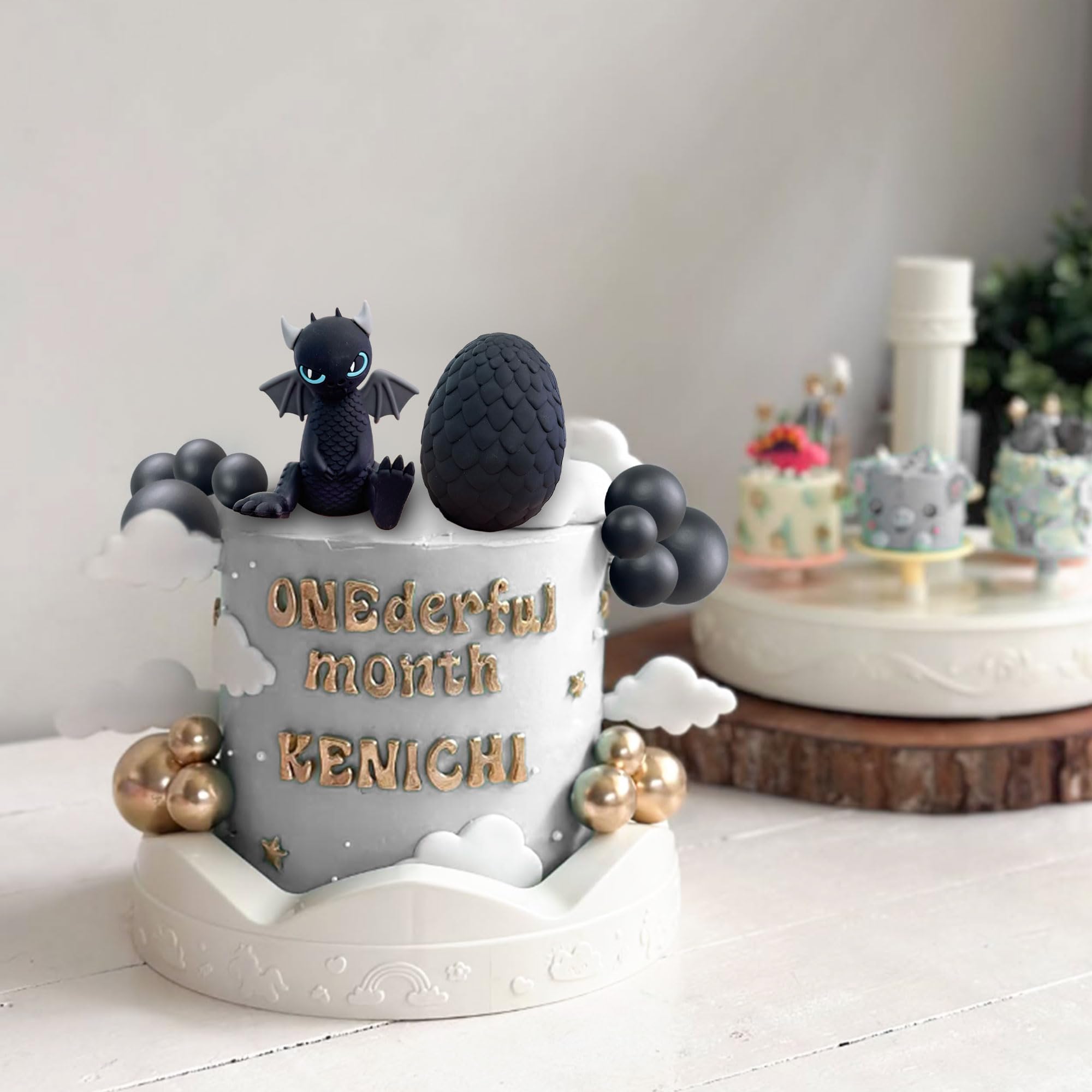 BACH AND BOOZY Black Dragon Cake Topper with Dragon Eggs and Gold Black Balls – Fantasy Party Cake Decor