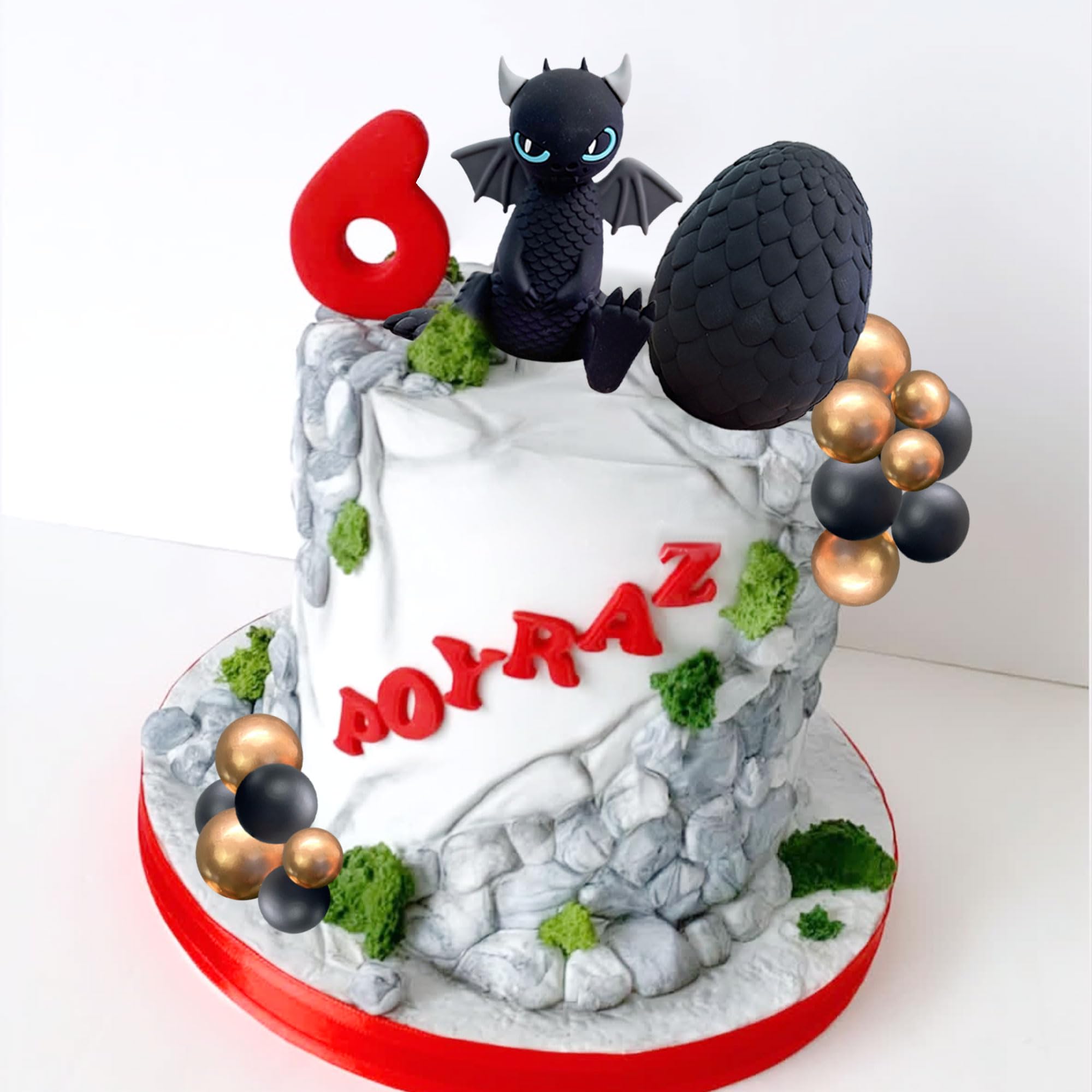 BACH AND BOOZY Black Dragon Cake Topper with Dragon Eggs and Gold Black Balls – Fantasy Party Cake Decor