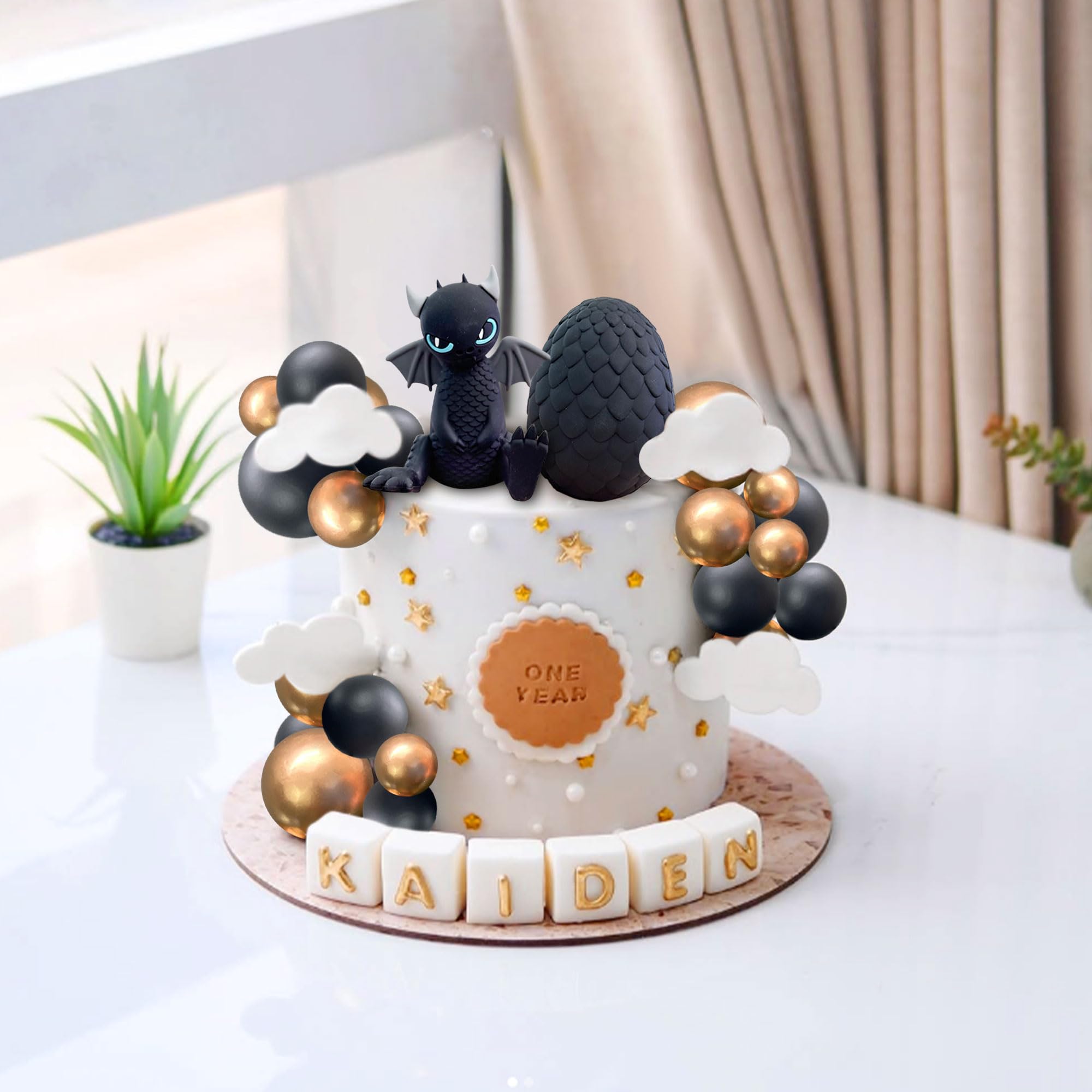 BACH AND BOOZY Black Dragon Cake Topper with Dragon Eggs and Gold Black Balls – Fantasy Party Cake Decor