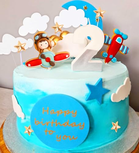 BACH AND BOOZY Red Airplane Cake Topper Set - 13 Pieces Plastic Plane with Pilot, Clouds & Stars for Travel Themed Parties