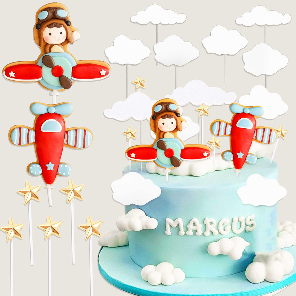 BACH AND BOOZY Red Airplane Cake Topper Set - 13 Pieces Plastic Plane with Pilot, Clouds & Stars for Travel Themed Parties