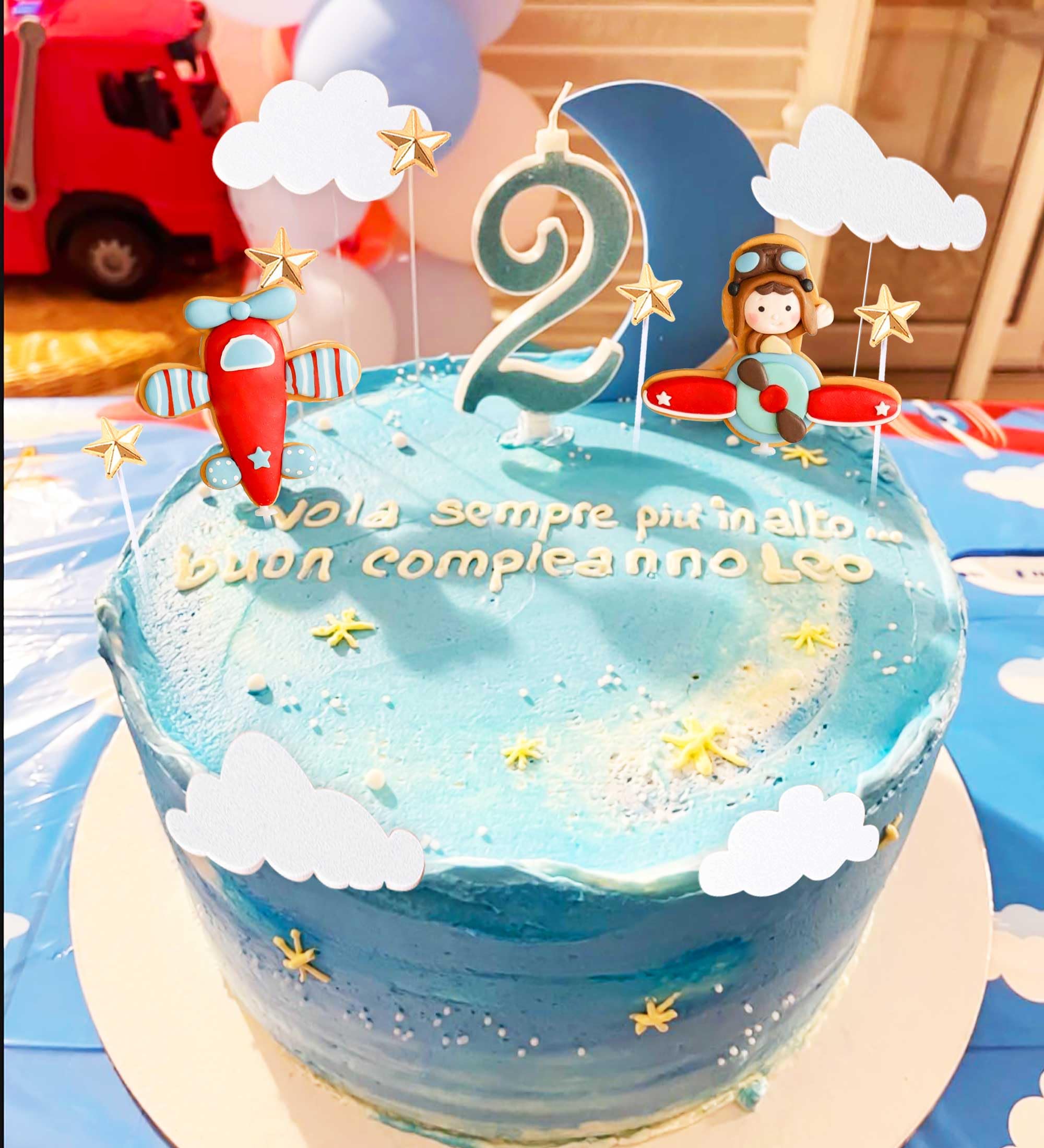 BACH AND BOOZY Red Airplane Cake Topper Set - 13 Pieces Plastic Plane with Pilot, Clouds & Stars for Travel Themed Parties
