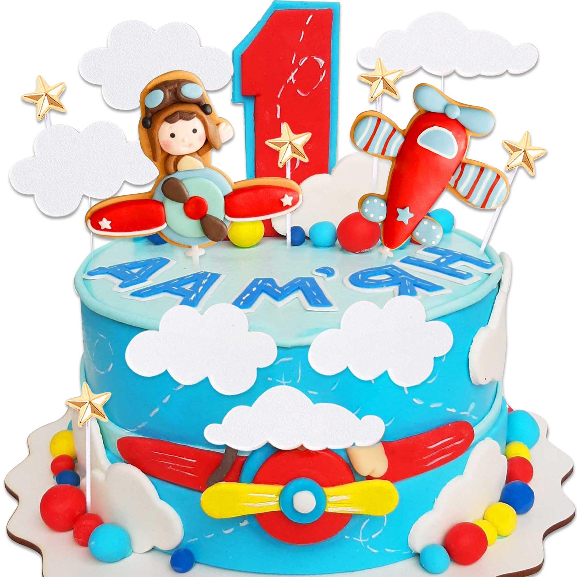 BACH AND BOOZY Red Airplane Cake Topper Set - 13 Pieces Plastic Plane with Pilot, Clouds & Stars for Travel Themed Parties