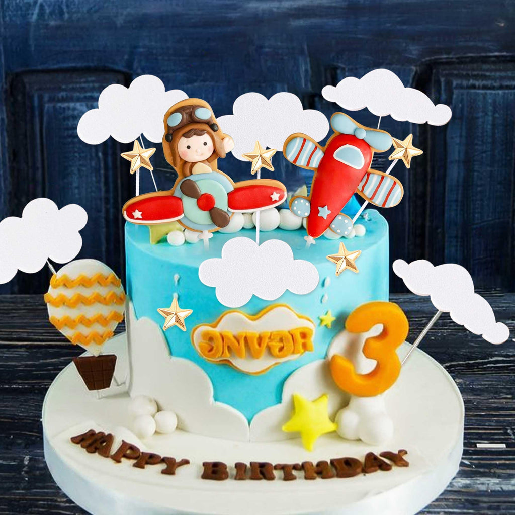 BACH AND BOOZY Red Airplane Cake Topper Set - 13 Pieces Plastic Plane with Pilot, Clouds & Stars for Travel Themed Parties