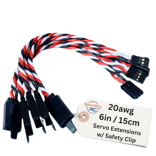 BackBayRC 20 AWG Twisted Servo Extension Cable - 100 Strands, Gold Plated, Safety Clip - 5-Pack (6 inch)