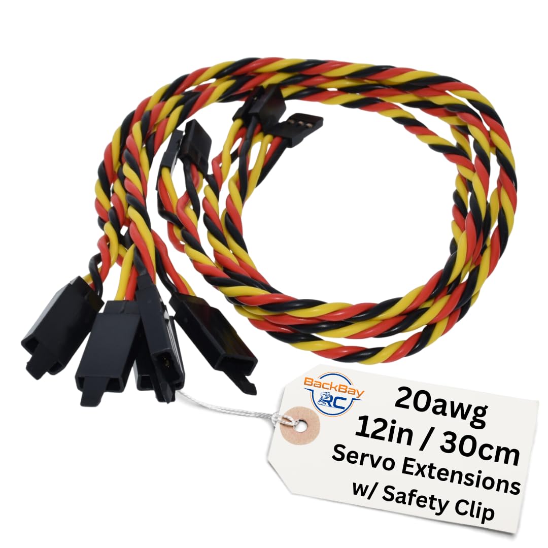 BackBayRC 20awg Twisted Servo Extension Cable with Safety Clip – 100 Strands, JR-Style, 8 Lengths (5-Pack)