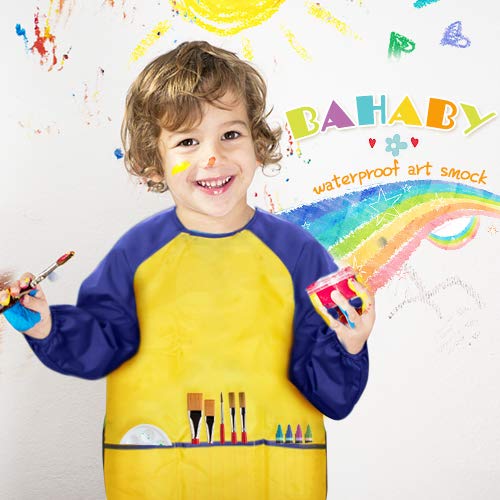 BAHABY Kids Art Smocks 4 Pack - Waterproof Painting Aprons with Long Sleeves and Pockets for Ages 3-8