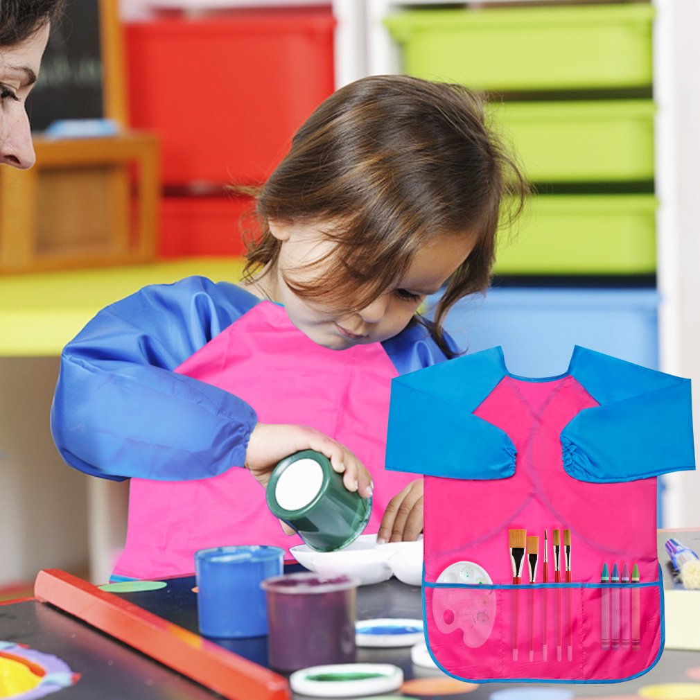 BAHABY Kids Art Smocks 4 Pack - Waterproof Painting Aprons with Long Sleeves and Pockets for Ages 3-8
