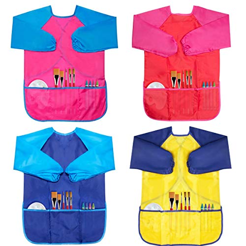 BAHABY Kids Art Smocks 4 Pack - Waterproof Painting Aprons with Long Sleeves and Pockets for Ages 3-8